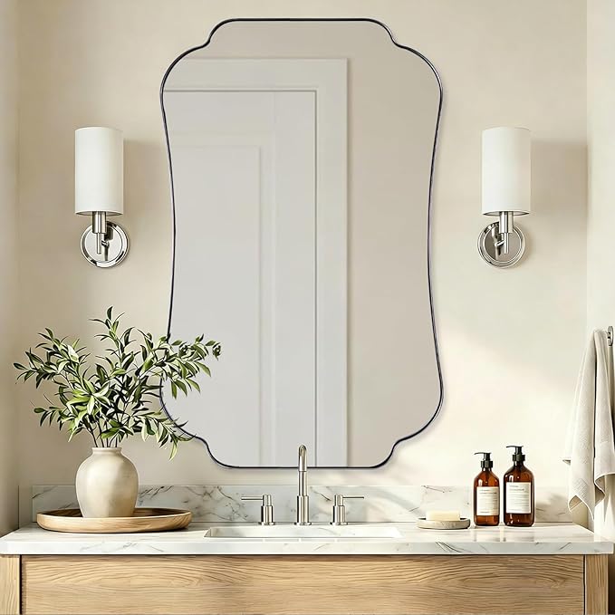 ANDY STAR Large Chrome Bathroom Mirror, 30x48Inch Polished Chrome Mirror, Scalloped Bathroom Mirror with Stainless Steel Metal Frame, Rust-Proof Frame Deep 1’’
