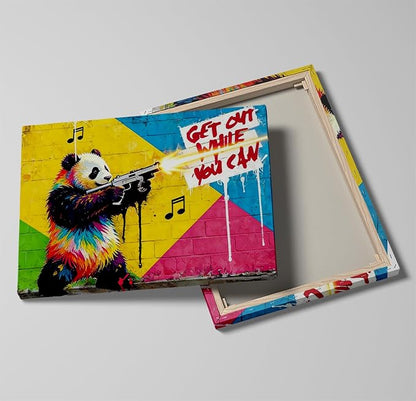 12x16 Inch Colorful Graffiti Panda with Gun Canvas Wall Art Painting- "Get Out While You Can" Street Art Print, Modern Pop Art Wall Decor Poster for Kids/Teen Boy/Child Bedroom Bathroom Living Room
