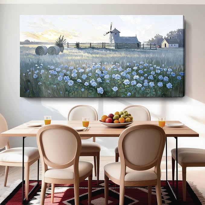 amatop Oversize Pastoral-Style Living Room Wall Art, Blue Farm Windmill Canvas Print Picture, Natural Plant And Flower Field Artwork For Bedrooms, Studies, Offices, And Dining Rooms. 58X29 Inches.
