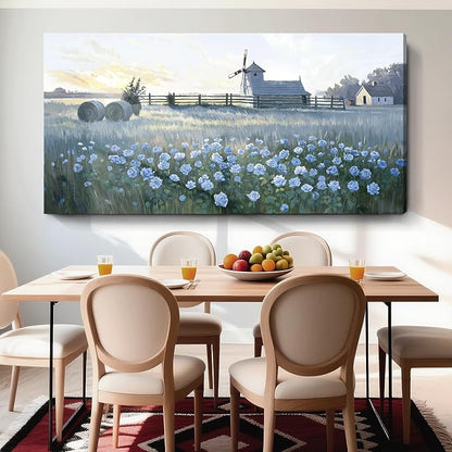 amatop Oversize Pastoral-Style Living Room Wall Art, Blue Farm Windmill Canvas Print Picture, Natural Plant And Flower Field Artwork For Bedrooms, Studies, Offices, And Dining Rooms. 58X29 Inches.