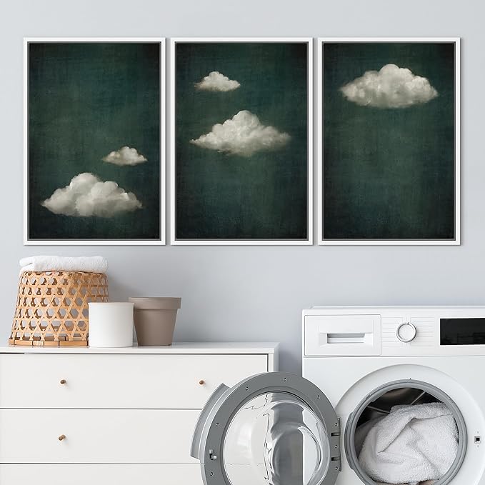 SIGNLEADER Framed Canvas Print Wall Art Set Vintage Cloudscape Dreamy Green Sky and Clouds Illustrations Boho Decorative for Living Room, Bedroom, Office - 16"x24"x3 White