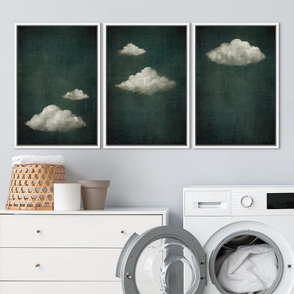 SIGNLEADER Framed Canvas Print Wall Art Set Vintage Cloudscape Dreamy Green Sky and Clouds Illustrations Boho Decorative for Living Room, Bedroom, Office - 24"x36"x3 White