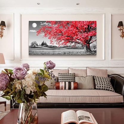 Canvas Wall Art For Living Room Office Wall Decor Bedroom Decor Black And White Landscape Wall Painting Red Tree Wall Pictures Canvas Art Prints Ready To Hang For Room Home Decoration 48 X 24
