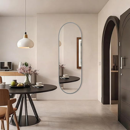 JJUUYOU Oval Full Length Bathroom Mirror 63"X20" Wall Mounted Vanity Mirrors Metal Frame Mirror Aluminum Alloy Frame Mirrors for Bedroom Entryway Living Room,Grey