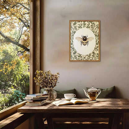 Framed Vintage Bee Wall Art, Rustic Insect Pictures Wall Decor, 3D Textured Sandstone Green Botanical Paintings Prints Cottagecore Home Decor for Living Room Bedroom Office 16x24 inch