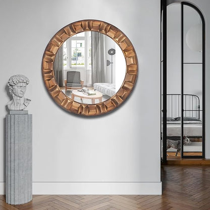 30 Inch Dark Solid Wood Round Wall Mirror, Brown Wooden Decorative Circle Mirror for Bathroom, Bedroom, Living Room, Entryway, Hallway, or Foyer