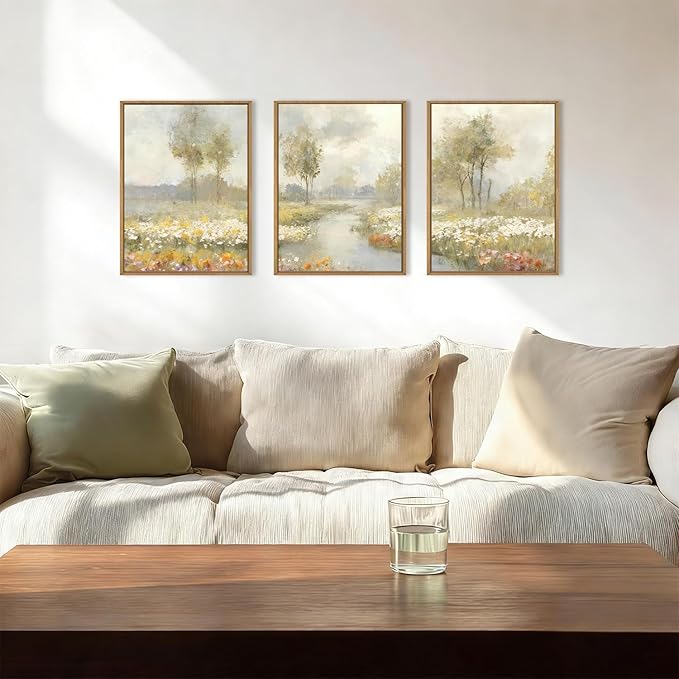 HPNIUB Watercolor Green Landscape Framed Wall Art Set,Nature Wildflowers Wall Decor,Vintage Colorful Floral Art Print, Wilderness Tree Scenery Artwork for Living Room, Bedroom,Office-12 x16 x3