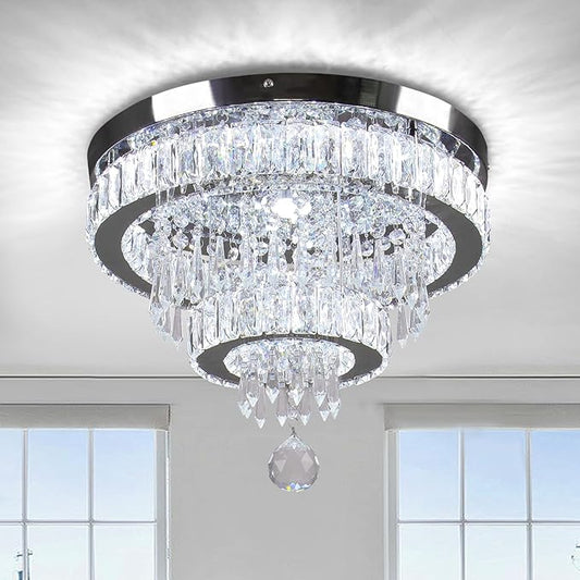 16" Crystal Chandeliers LED Crystal Ceiling Light Fixtures Flush Mount Ceiling Light Modern Chandelier Lights for Living Room Bedrooms Dining Room (6500K Cool White)