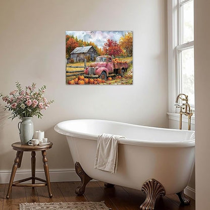 LB Fall Pumpkin Truck Wall Art Vintage Red Truck with Autumn Pumpkins in Farm Canvas Wall Art Farmhouse Harvest Wall Art Decor for Living Room Bedroom Bathroom Office Framed Ready to Hang 8L x 10W