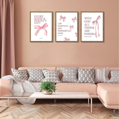 JBZDD Wood Coquette Pink Bow Canvas Wall Art Set of 3, Inspirational Bible Verses Decor Posters Pictures Prints Aesthetic for Girls Room College Apartment Living Room Bedroom Framed 12x16 Inch