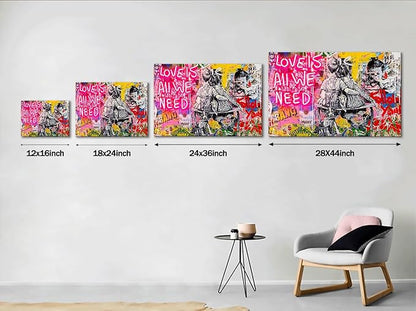 Graffiti Pop Wall Art Love Is All We Need Street Landscape of London City Canvas Paintings Art Pictures Stretched and Framed Ready to Hang Home Decor for Living Room Office Bar(24”W x 18”H)