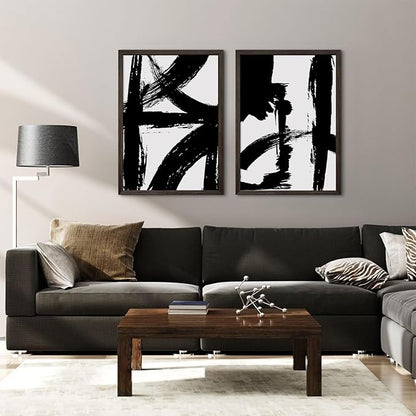 Black and White Wall Art Abstract Modern Painting Minimalist Line Canvas Wall Art Decor Black And White Poster Abstract Artwork Prints for Living Room Bedroom 16x24 Inch Framed Set of 2
