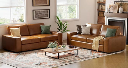ELUCHANG 85" Faux Leather Couch, 2 Piece Mid-Century Modern Loveseat Sofa with Extra Deep Seat, Upholstered Cushion&Solid Wooden Frame, Comfy Couch for Living Room, Brown