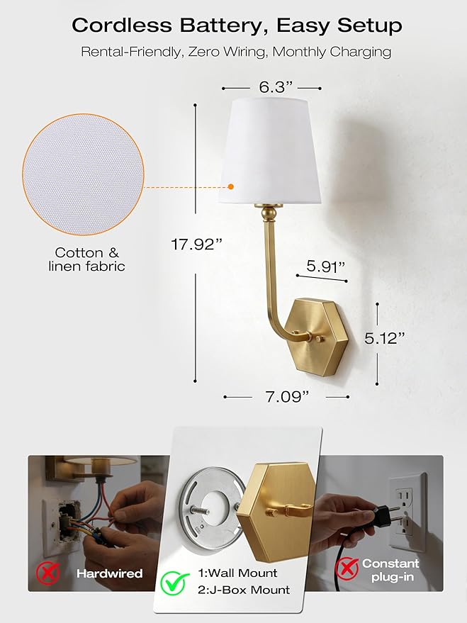 CLOUDY BAY 10000mAh Battery Operated Wall Sconces,Up to 100 Hours with Rechargeable RGB Dimmable Magnetic Bulb,Cordless Wall Lighting Fixtures with Remote for Bedroom,Soft Gold,2 Pack-17.9inch