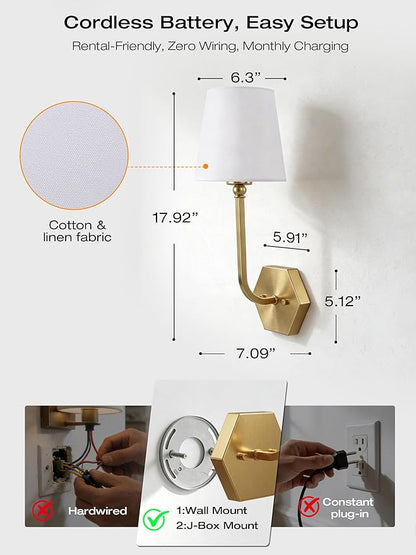 CLOUDY BAY 10000mAh Battery Operated Wall Sconces,Up to 100 Hours with Rechargeable RGB Dimmable Magnetic Bulb,Cordless Wall Lighting Fixtures with Remote for Bedroom,Soft Gold,2 Pack-17.9inch