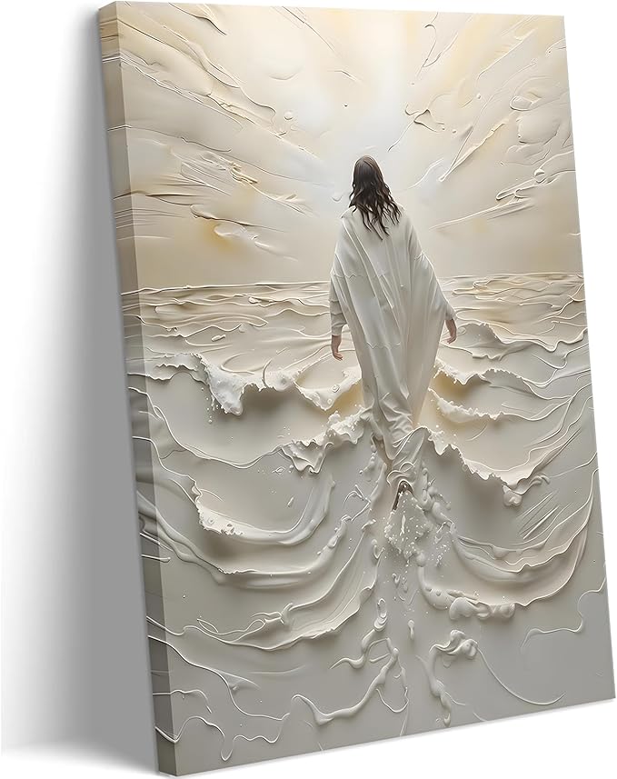 Abstract Jesus Walking on Water Canvas Wall Art Christian Spiritual Wall Decor Pictures Divine Light Modern Religious Posters Prints for Living Room Bedroom Prayer Room Home Decor 16x24 In canvas