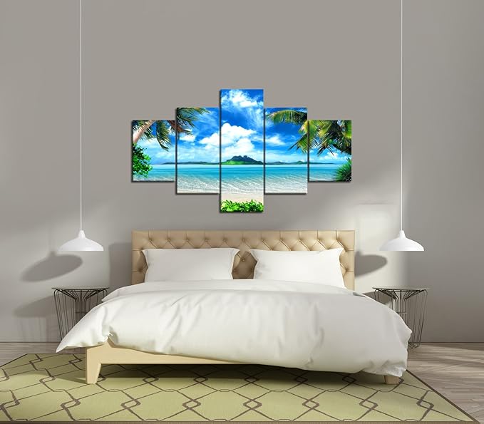 Extra Large Modern Landscape Seascape Pictures Painting on Canvas 5 Panels Combination Set for Living Room Home Decor Wall Art Framed Stretched (60''W x 40''H)