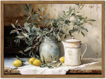 Framed Vintage Kitchen Wall Art, Rustic Yellow Lemon Still Life Pictures Wall Decor, Country Botanical Paintings Canvas Prints Farmhouse Home Decor for Dining Room Living Room 16x24 inch