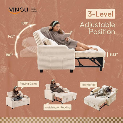VINGLI Beige Futon Sofa Bed Convertible Loveseat Sleeper Sofa Couch, Corduroy Pullout Sofa Fold Out Couch Bed with USB Ports, Cup Holders, Armrest for Living Room, Bedroom Apartment Room | Loveseat Sleeper
