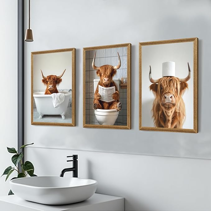 FYLDPSB 3Pcs Framed Highland Cow Bathroom Canvas Wall Art, Funny Bathroom Signs Animal Wall Decor, Rustic Cute Bathroom Poster Prints for Bathroom Restroom Decor 24''L x 16''W