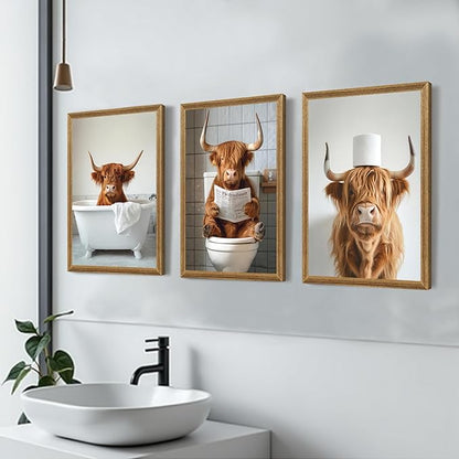 FYLDPSB 3Pcs Framed Highland Cow Bathroom Canvas Wall Art, Funny Bathroom Signs Animal Wall Decor, Rustic Cute Bathroom Poster Prints for Bathroom Restroom Decor 24''L x 16''W