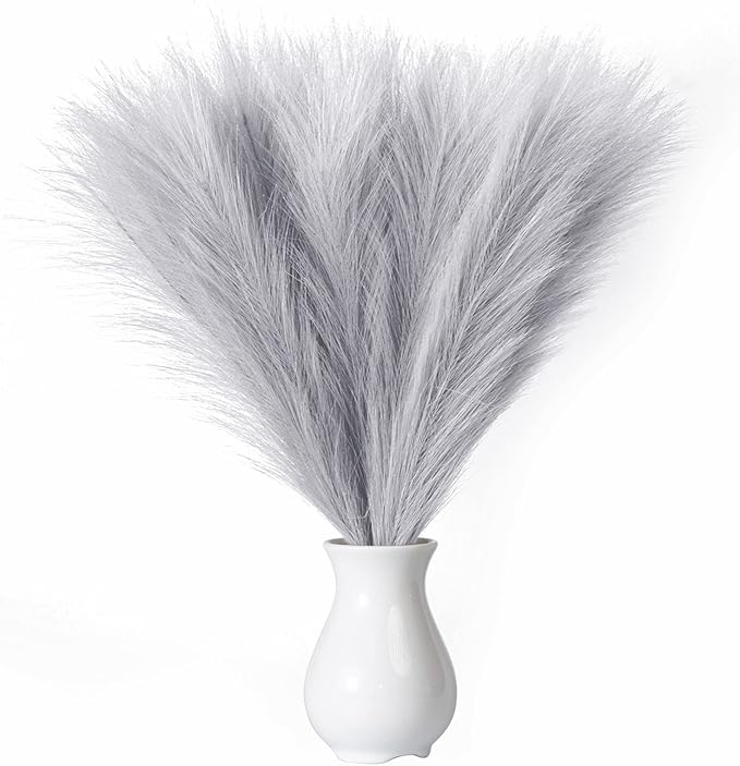 Faux Pampas Grass, 18"/45cm Artificial Pampas Grass Fluffy 6 Stem pompous Grass Flower Arrangement for Boho Home Wedding Decoration(Grey)