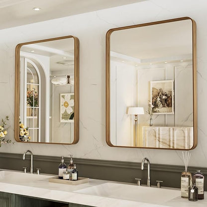 LOAAO 24X32 Inch Bathroom Mirror with Wood Grain Colored Metal Frame, Rounded Rectangle Metal Framed Bathroom Mirror, Anti-Rust, Hangs Horizontally or Vertically