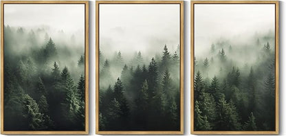 PHOPAGO Green Fog Pine Tree Framed Wall Art Huge 24x36in Nature Misty Nordic Forests Artwork Morden Paints for Living Room Bedroom Decor - Natural Framed