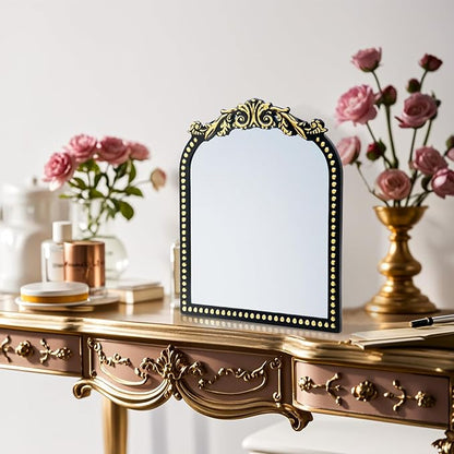Vintage Vanity Makeup Mirror, 12.1" x 9.8" Antique Arched Black Table Mirrors for Dresser,Baroque Decor Ornate Standing Mirror for Living Room,Tabletop,Bedroom