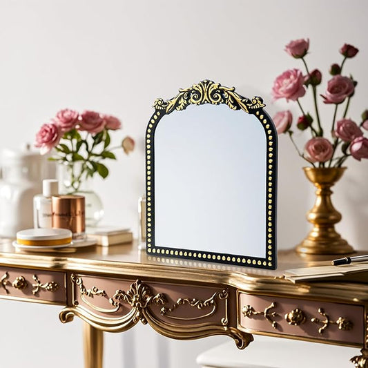 Vintage Vanity Makeup Mirror, 12.1" x 9.8" Antique Arched Black Table Mirrors for Dresser,Baroque Decor Ornate Standing Mirror for Living Room,Tabletop,Bedroom