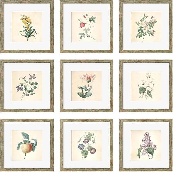 12x12 Picture Frame Set of 9, Display Pictures 8x8 with Mat or 12x12 without Mat, Multi Collage Gallery Square Photo Frames for Wall or Tabletop, Rustic Brown