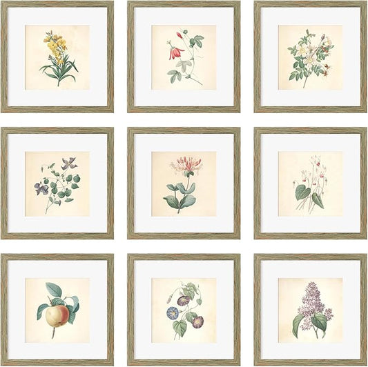 12x12 Picture Frame Set of 9, Display Pictures 8x8 with Mat or 12x12 without Mat, Multi Collage Gallery Square Photo Frames for Wall or Tabletop, Rustic Brown