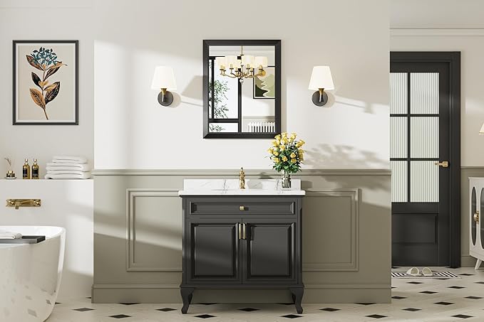 Briivue 24x30 Inch Black Bathroom Mirror for Wall, Thick Metal Framed Rectangle Mirrors for Over Sink, Bedroom, Living Room, Entryway, Anti-Rust, HD Tempered Glass