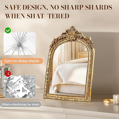 YUSONG Vintage Desk Mirror – 7" Gold Antique Tabletop Mirror with Resin Frame, Decorative Wall Art for Living Room Bedroom Vanity Desk Decor, Birthday Gift