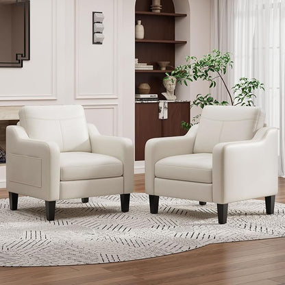 MALOL PU Leather Accent Chair Set of 2, Mid-Century Modern Living Room Armchair Sofa with Removable Cushions, Solid Wood Frame & Stitched Armrest Design, Bedroom Chair with Plastic Legs, Beige