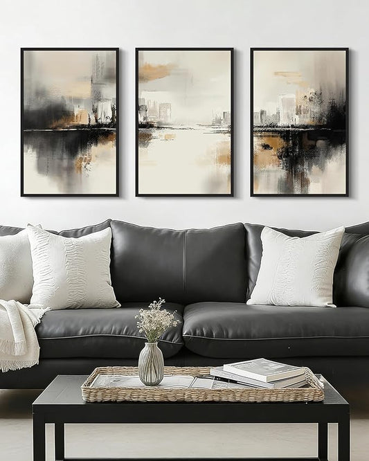 Drsoum Vintage Black Gray Abstract Wall Art Framed Brown Tan Neutral Prints Minimalist Modern Rustic Artwork Bedroom Living Room Ready to Hang 16x24in Black Framed