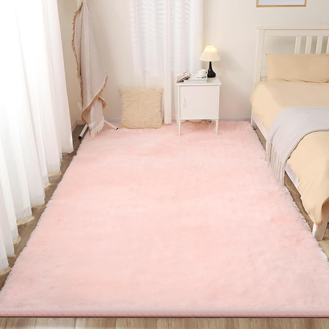 Puremy Fluffy Pink Area Rug, 4x6 Shag Rugs for Bedroom, Soft Plush Area Rugs for Living Room, Non-Slip Indoor Carpet for Nursery, Study Room, Playroom, Home Decor