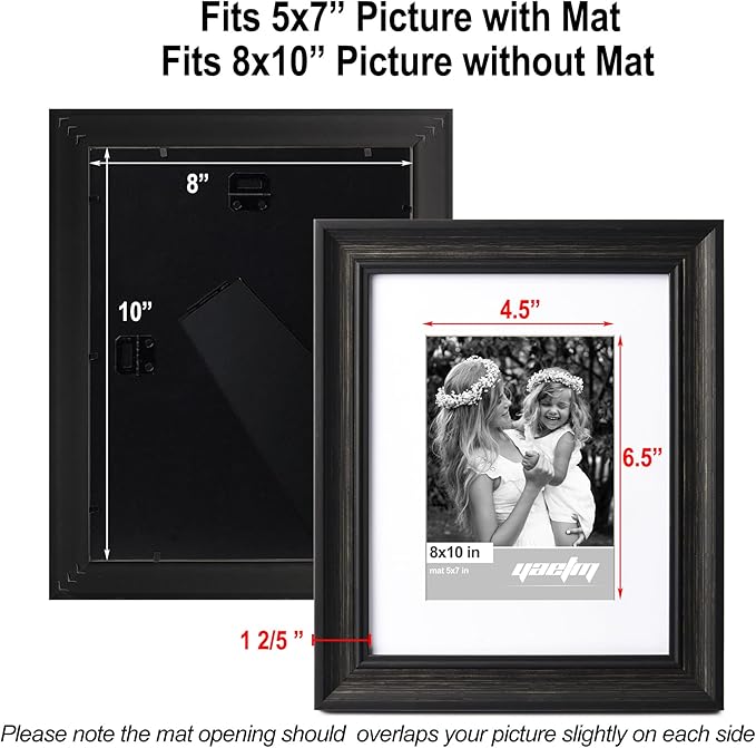 Yaetm Black 8x10 Picture Frame Matted to 5x7 Set of 4, 1.4” Wide Molding & Distressed Black Photo Frames 8 x 10 with HD Tempered Glass, Display on Tabletop & Wall Mounting, 4 Pack