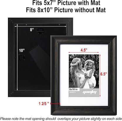 Yaetm Black 8x10 Picture Frame Matted to 5x7 Set of 4, 1.4” Wide Molding & Distressed Black Photo Frames 8 x 10 with HD Tempered Glass, Display on Tabletop & Wall Mounting, 4 Pack