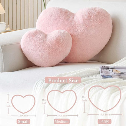 XVTRU Pink Heart Pillows, Cute Heart Decorative Pillow, Heart Shaped Throw Pillows for Bed, Faux Rabbit Fur Plush Hoom Decor Pillow Cushion for Chair Sofa Living Room (Medium-15.7"x11.8")