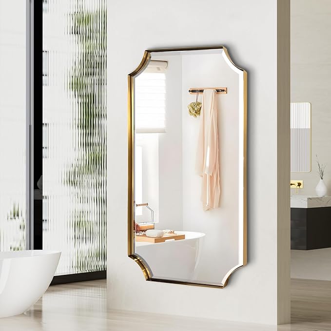 POZINO Rectangle Beveled Mirror, 24"x40" Brushed Gold Bathroom Vanity Mirrors with Stainless Steel Frame, Modern Aesthetic Wall Mirror for Hallway Entryway Living Room, Horizontal or Vertical Hanging