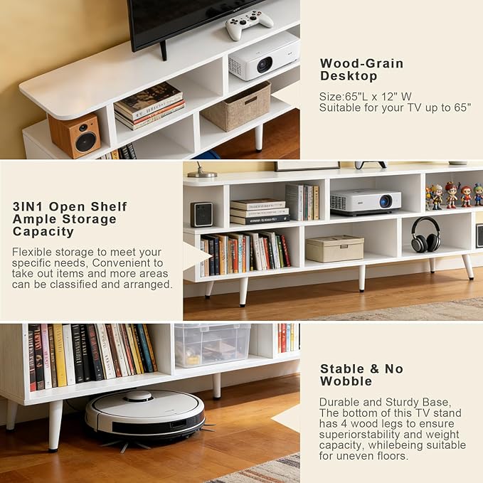 Lightdot 65 Inch TV Stand for 75 Inch TVs, Modern Entertainment Center with Power Outlets, Open Storage Shelf Media Console, Accent Sofa Table for Living Room Bedroom Apartment Dorm Home Office, White