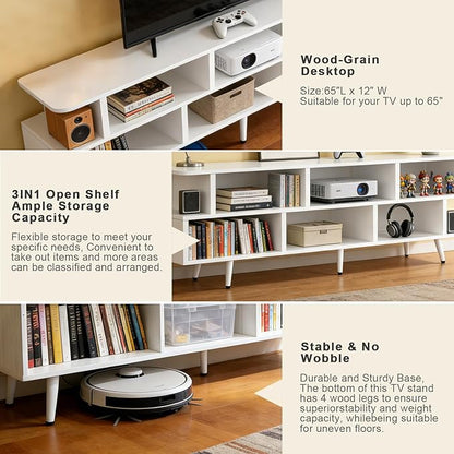 Lightdot 65 Inch TV Stand, up to 75 Inch TVs, Large Storage for Collection with 8 Open Shelves, Sturdy Media Console Table for Living Room/Entrance/Kitchen/Sofa Cabinet, Easy Assembly, White