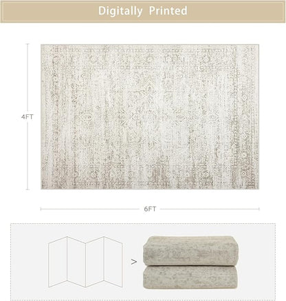 Srugn Washable Rugs 4x6 Area Rugs for Living Room,Bedroom,Kids Room,Nursery- Ultra Soft Faux Wool Small Carpets,Non Slip&Non-Shedding Low Pile Vintage Print Rugs for Enterway,Home Office Decor