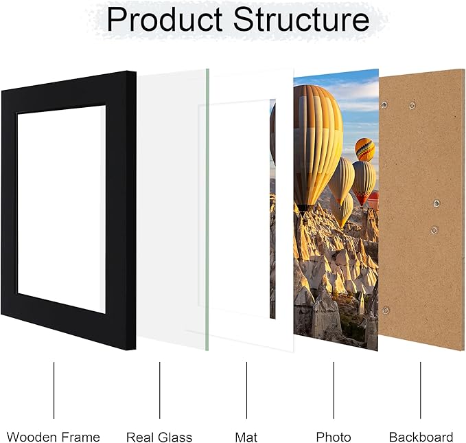 iRahmen 7x10 Picture Frame - High Definition Real Glass Wooden Photo Frames for Tabletop Display and Wall Mounting (Pure Black, Set of 2)