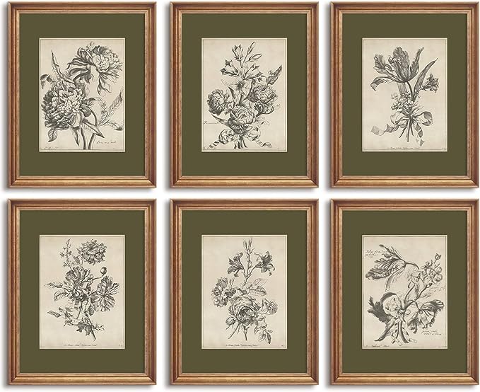 Vintage Floral Wall Art Sketch Flower Prints Antique Botanical Canvas Wall Art Decor Vintage Etchings Floral Poster Green Botanical Painting Sage Green Artwork for Bedroom 8x10x6 Inch Unframed