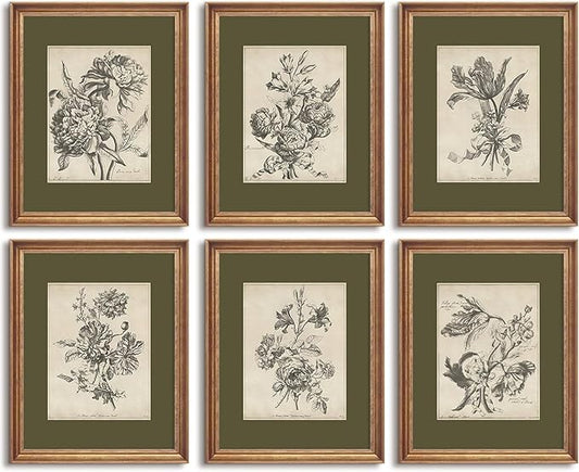 Vintage Floral Wall Art Sketch Flower Prints Antique Botanical Canvas Wall Art Decor Vintage Etchings Floral Poster Green Botanical Painting Sage Green Artwork for Bedroom 8x10x6 Inch Unframed