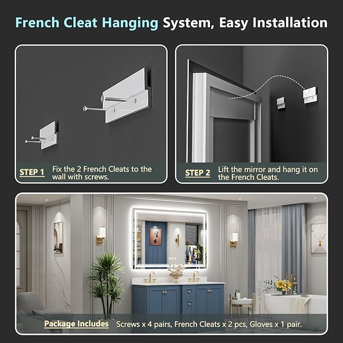 60x30 LED Bathroom Mirror with Lights, Backlit and Front Lit Anti-Fog Lighted Vanity Mirrors for Bathroom Wall, Dimmable, 3-Color Light, Memory, Shatter-Proof, HD Tempered Glass, CRI＞90
