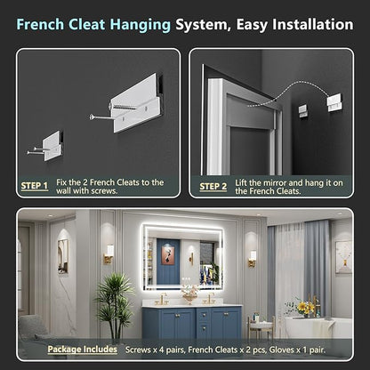60x40 LED Bathroom Mirror with Lights, Backlit and Front Lit Anti-Fog Lighted Vanity Mirrors for Bathroom Wall, Dimmable, 3-Color Light, Memory, Shatter-Proof, HD Tempered Glass, CRI＞90