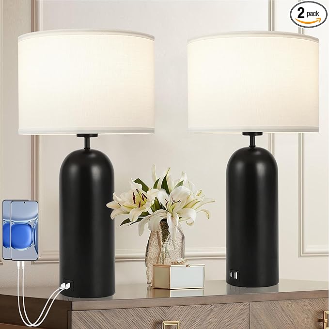MoMyofdy 22-inch Tall Table Lamps - Set of 2 Black & White Touch Control 3-Way Dimmable Lamps with USB A+C Ports for Bedroom or Living Room
